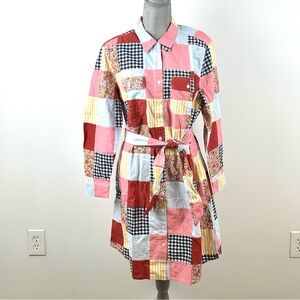 Lands’ End Women’s SZ Large Patchwork Shirt Dress Belted Cotton Long Sleeve